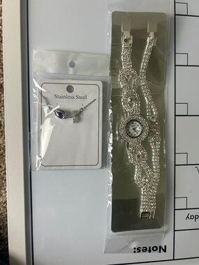 Stainless Steel Purple Teardrop Necklace & Silver Crystal Bracelet Watch Set